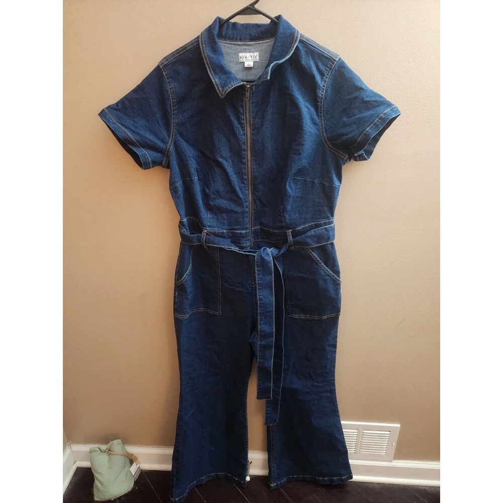 Ava And Viv Women's Short Sleeve Dark Denim Jumpsuit Belted Wide Leg Size 17 - Picture 2 of 10